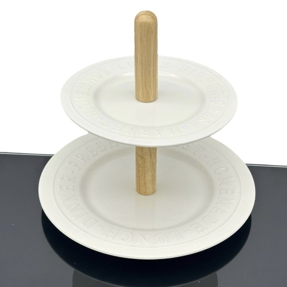 2 Tier Serving Tidbit Tray Porcelain Wood Bread + Butter Australia Farmhouse‎